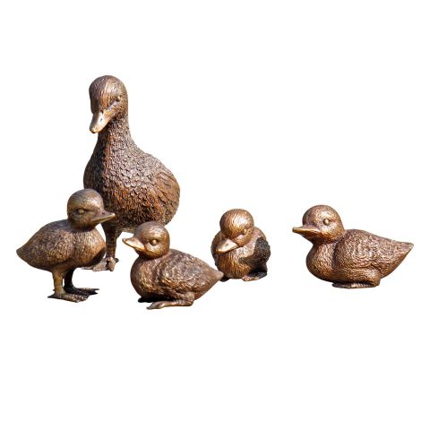 5 Gartenskulpturen Entenfamilie im Set, Bronze 